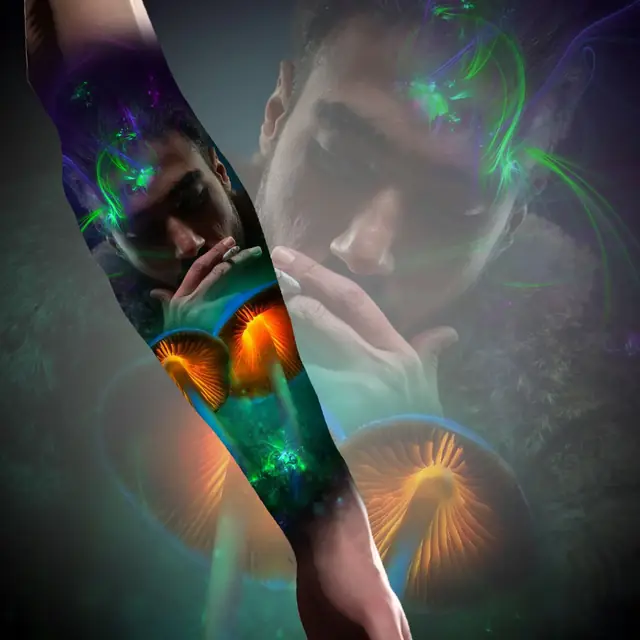 colour realism forearm design of a man exhaling smoke over glowing orange mushrooms with green and purple light trails