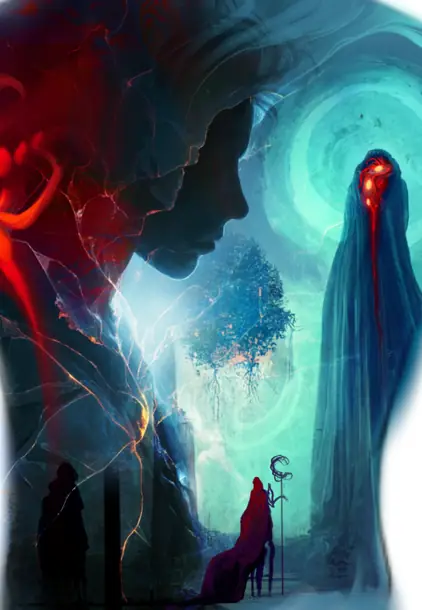 full back design of two facing profiles in red and teal framing a glowing portal, a lone tree and cloaked figures