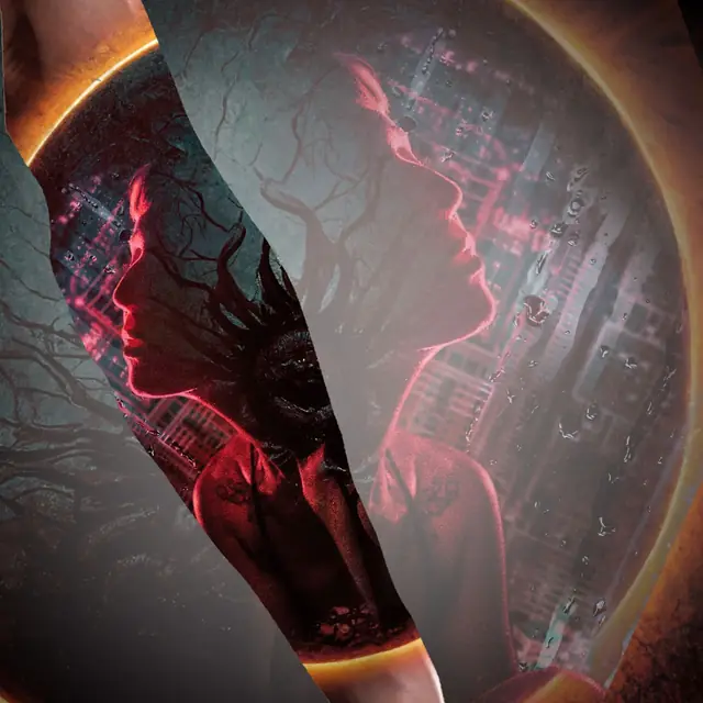 colour realism forearm design of a red-lit female profile with antlers, bare trees and a distant city inside a glowing orange ring