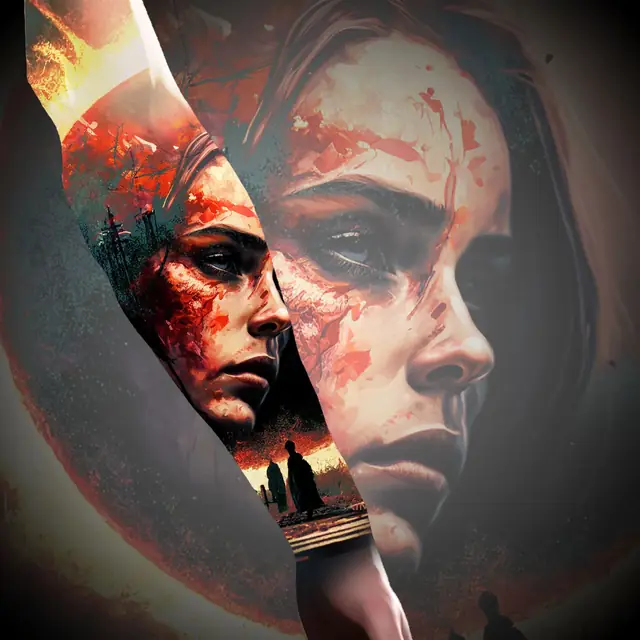 colour realism forearm design of a hooded warrior's face in red and cream washes with two figures on a battlefield below