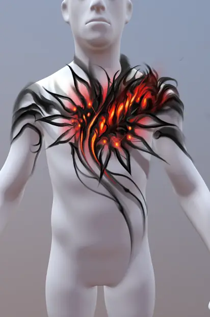 chest panel design of a molten demon face with glowing orange eyes and black tendrils reaching over both shoulders