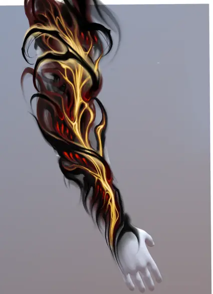 full sleeve design of molten black and gold fire flowing from shoulder to wrist