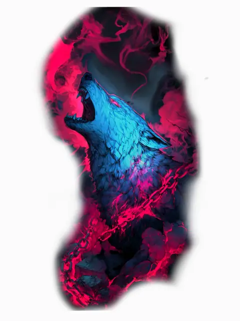 leg design of a howling wolf in electric blue against hot pink smoke and broken chains