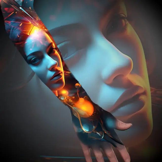 colour realism forearm design of a woman's face lit in cold blue with orange glass and light bursts